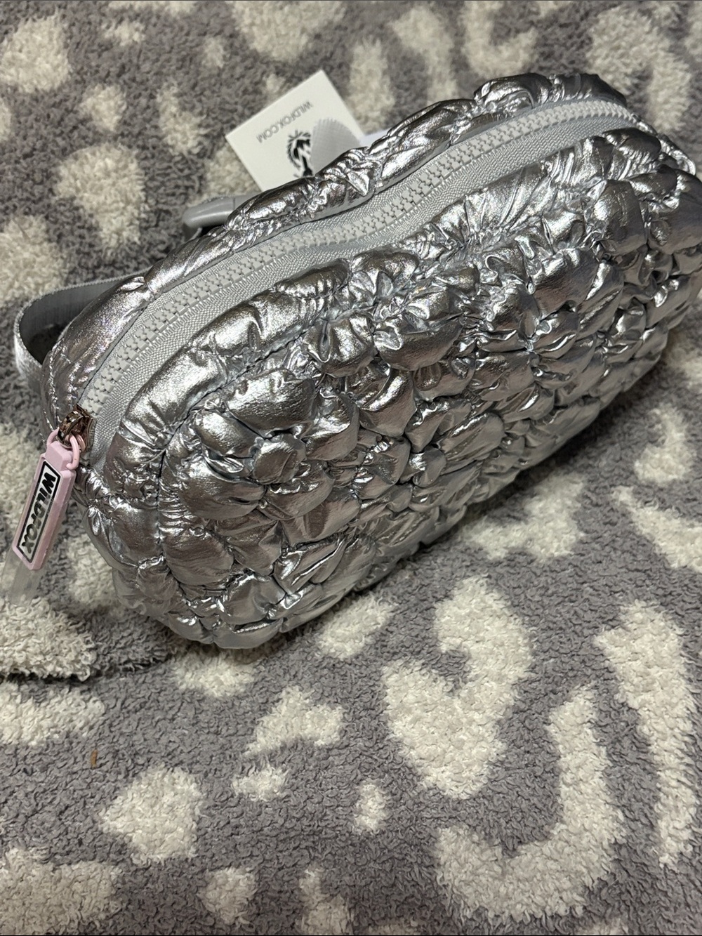 Wildfox Metallic Silver Quilted Cosmetic Case with Ruched Texture